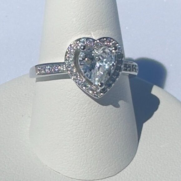 Silver Heart Cut Stone Ring with Pave Detailing Adjustable - Picture 3 of 14